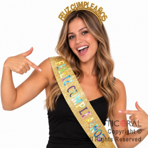 SET VINCHA PL�STICA PERLAS Y BANDA FELIZ CUMPLEA�OS GIBRE ORO